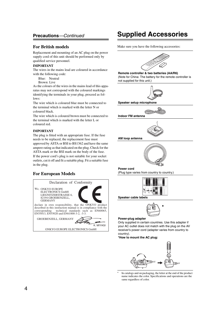 Supplied accessories, Precautions —continued for british models, For european models | Onkyo TX-NR1007 User Manual | Page 4 / 156