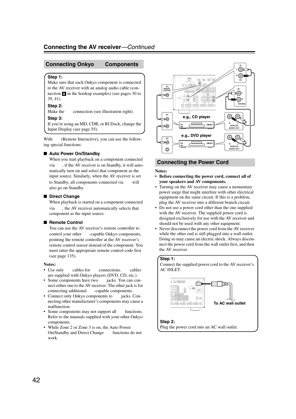 Connecting onkyo ri components, Connecting the power cord, Connecting onkyo | Connecting the av receiver —continued, Connecting onkyo components | Onkyo TX-NR1007 User Manual | Page 42 / 156