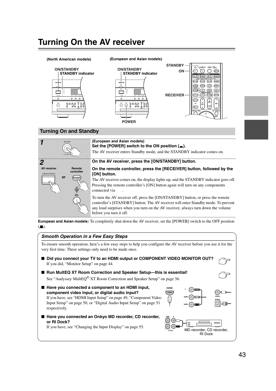 Turning on the av receiver, Turning on and standby, Turning on & first time setup | Onkyo TX-NR1007 User Manual | Page 43 / 156