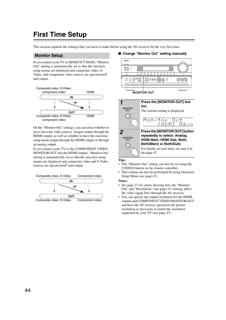 First time setup, Monitor setup, Tton (44) | Tton (4 | Onkyo TX-NR1007 User Manual | Page 44 / 156