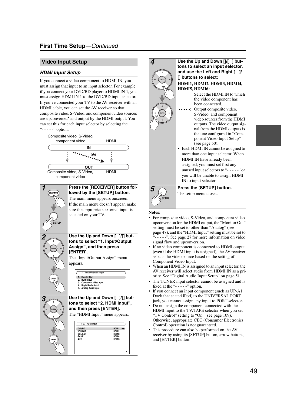 Video input setup, First time setup —continued | Onkyo TX-NR1007 User Manual | Page 49 / 156