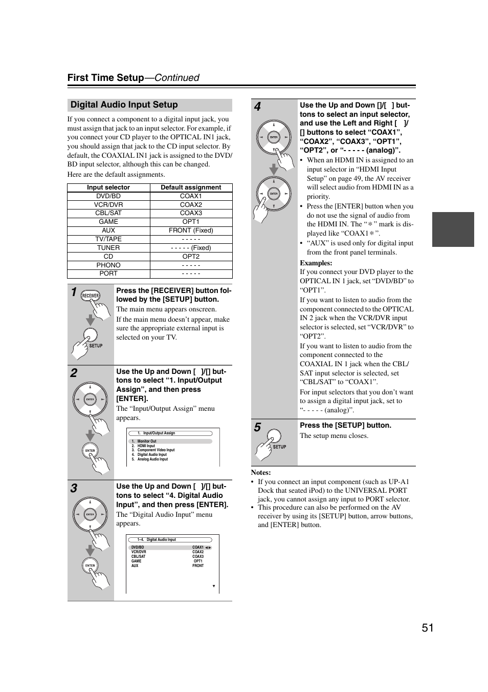 Digital audio input setup, First time setup —continued | Onkyo TX-NR1007 User Manual | Page 51 / 156