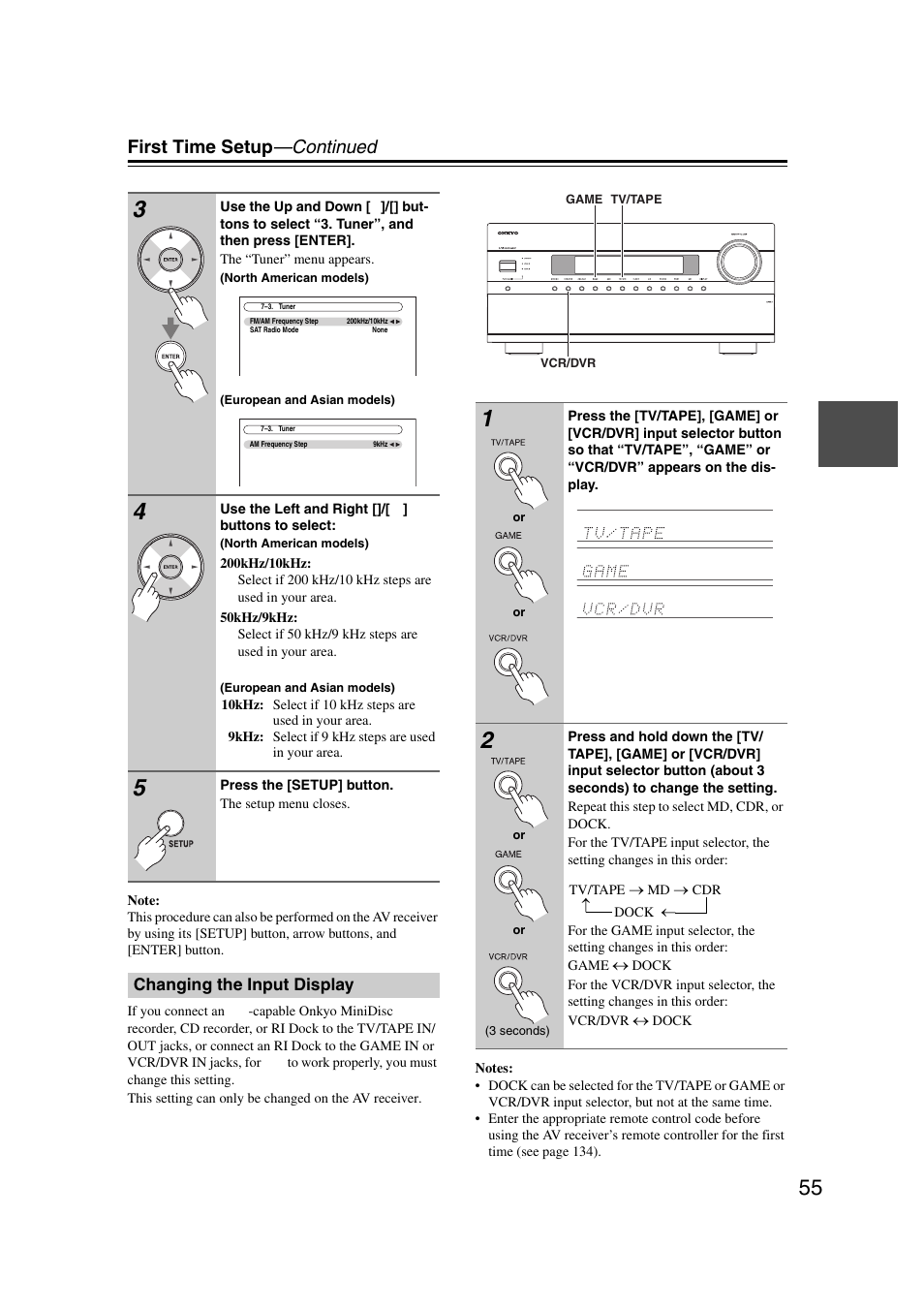 Changing the input display, First time setup —continued | Onkyo TX-NR1007 User Manual | Page 55 / 156