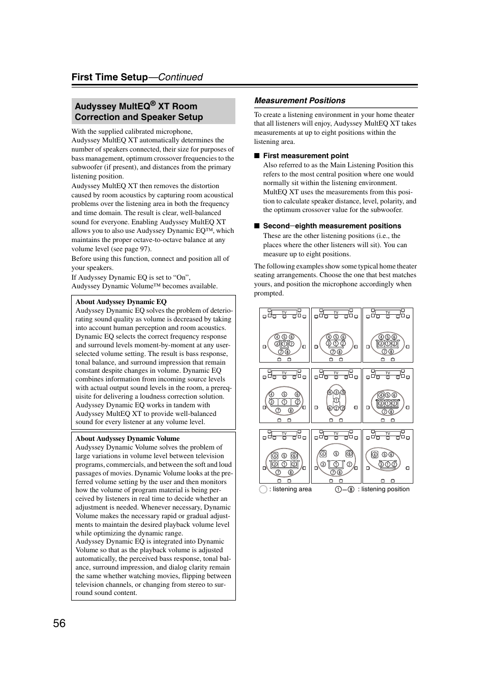 Audyssey multeq, First time setup —continued, Xt room correction and speaker setup | Onkyo TX-NR1007 User Manual | Page 56 / 156