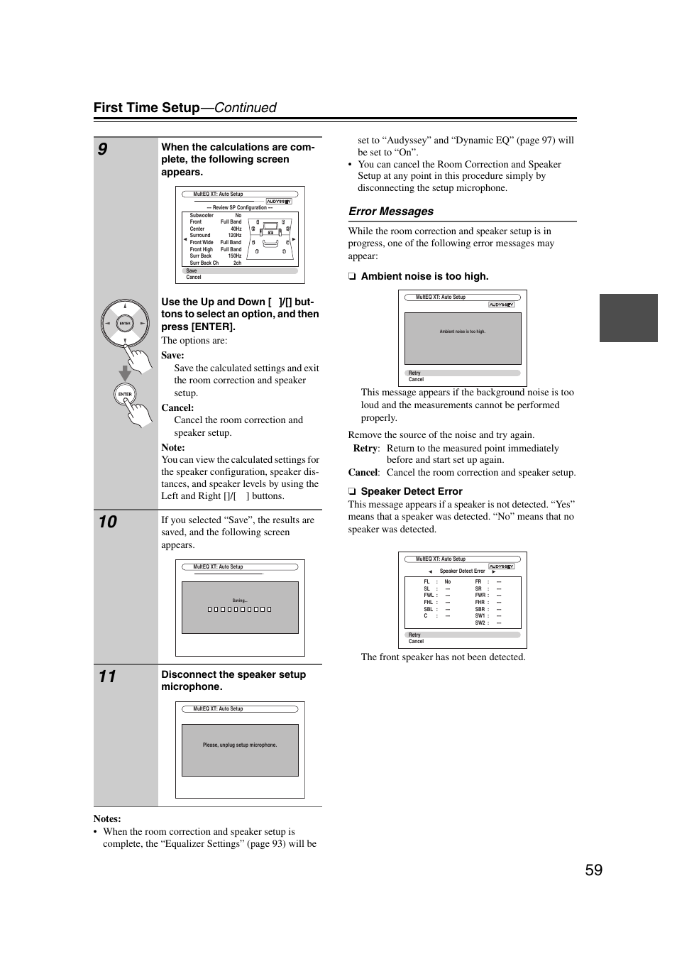 First time setup —continued, Error messages | Onkyo TX-NR1007 User Manual | Page 59 / 156