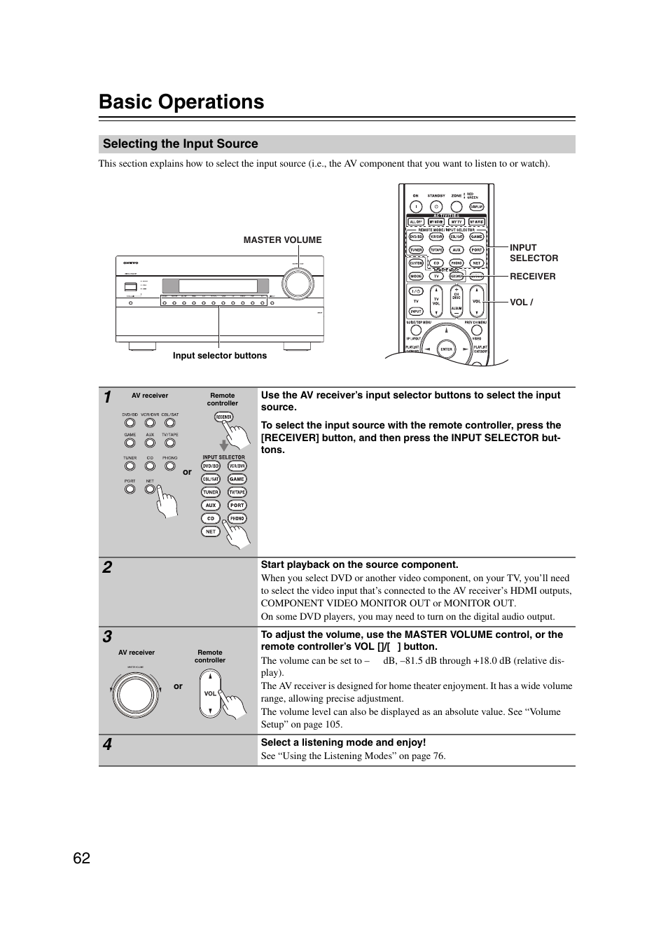 Basic operations, Selecting the input source, Ttons (62) | 62) an | Onkyo TX-NR1007 User Manual | Page 62 / 156