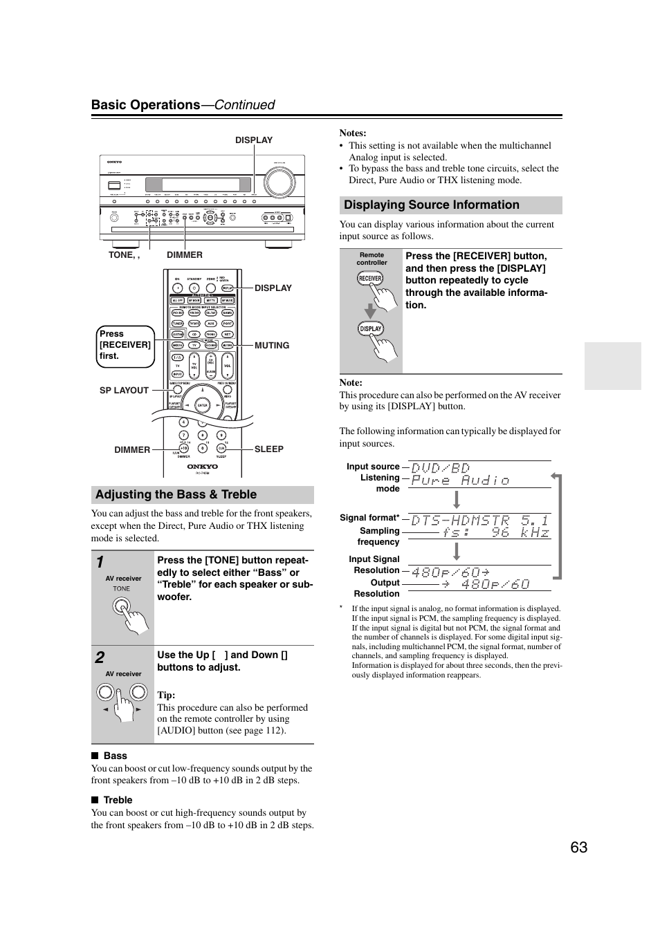 Adjusting the bass & treble, Displaying source information, Ton (63) | Tton (63, 130, Tons (63, Basic operations —continued | Onkyo TX-NR1007 User Manual | Page 63 / 156