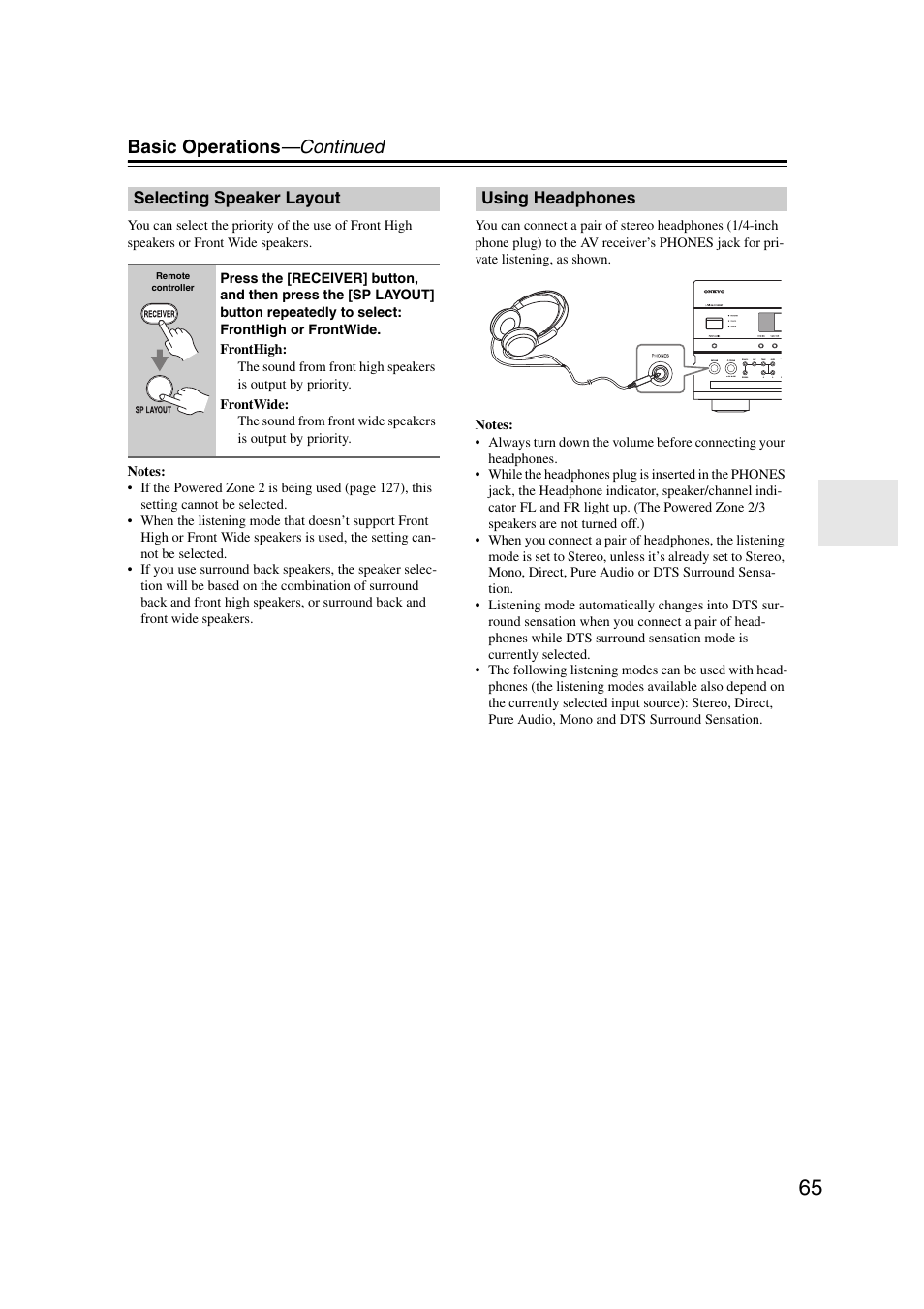 Selecting speaker layout, Using headphones, Selecting speaker layout using headphones | Basic operations —continued | Onkyo TX-NR1007 User Manual | Page 65 / 156