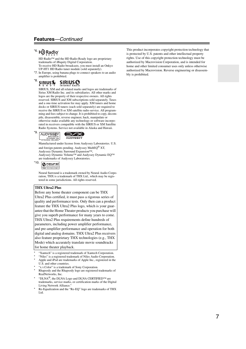 Features —continued | Onkyo TX-NR1007 User Manual | Page 7 / 156