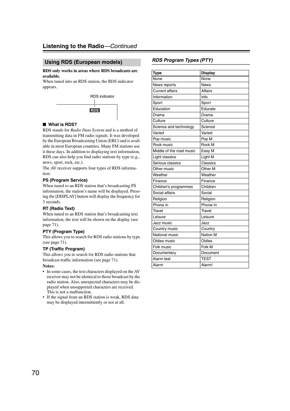 Using rds (european models), N models) (70), Listening to the radio —continued | Onkyo TX-NR1007 User Manual | Page 70 / 156