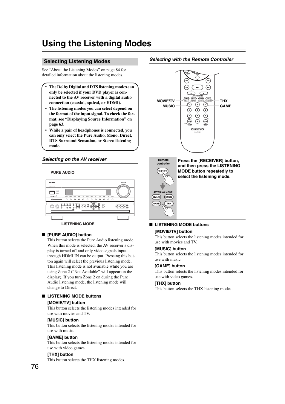 Using the listening modes, Selecting listening modes, Tor (76) | Ttons (76) | Onkyo TX-NR1007 User Manual | Page 76 / 156