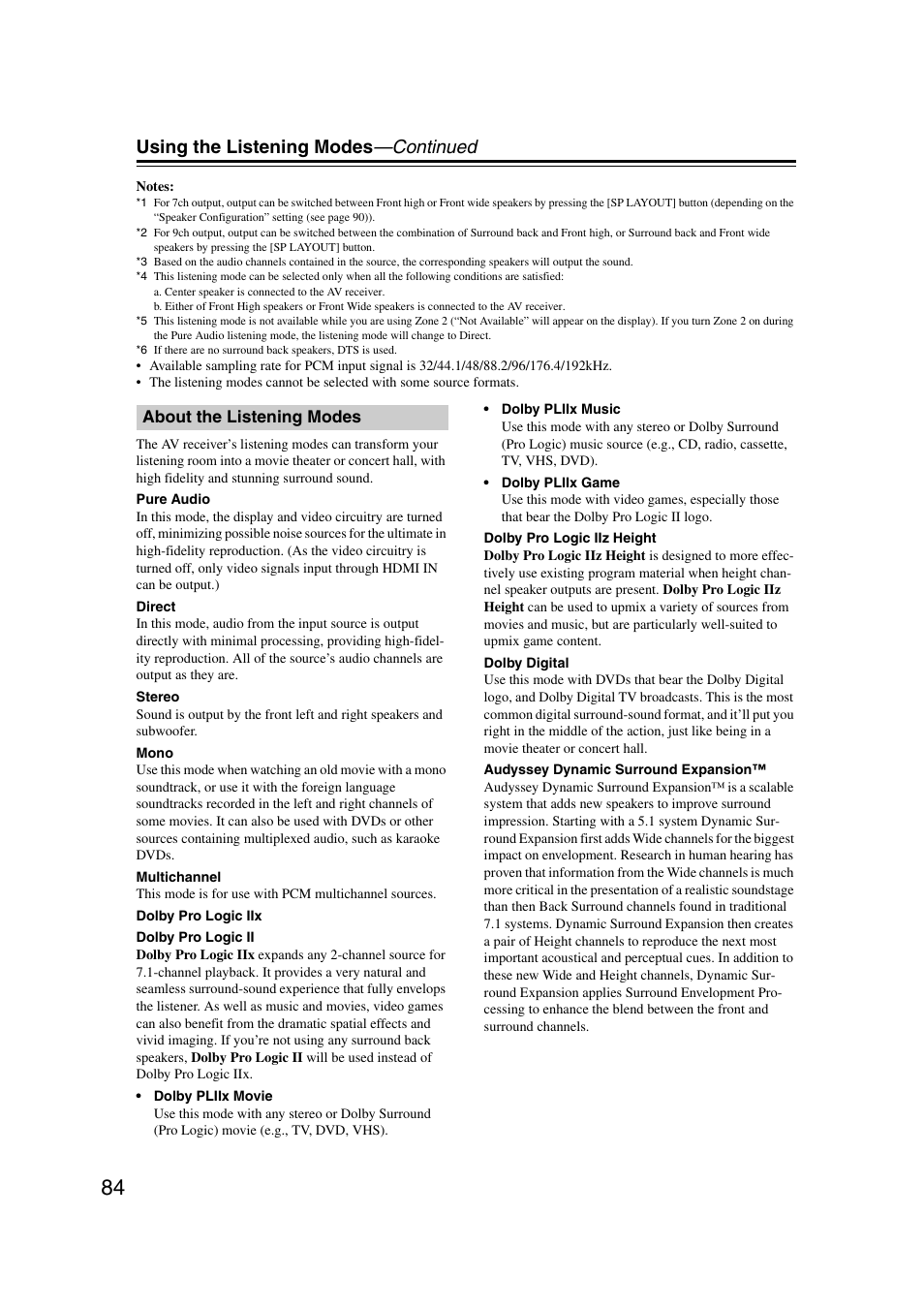 About the listening modes, Using the listening modes —continued | Onkyo TX-NR1007 User Manual | Page 84 / 156