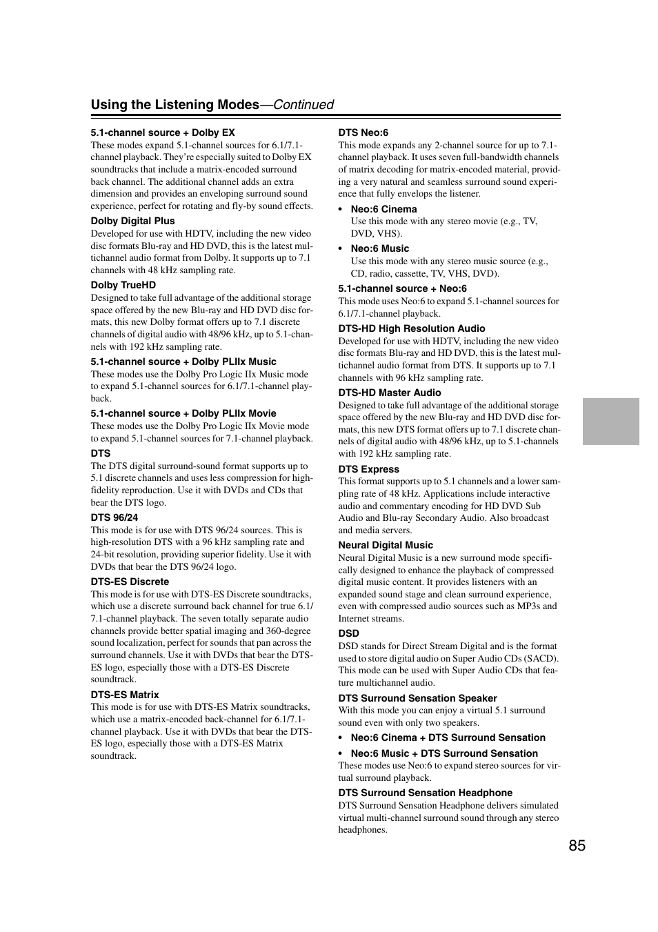 Using the listening modes —continued | Onkyo TX-NR1007 User Manual | Page 85 / 156