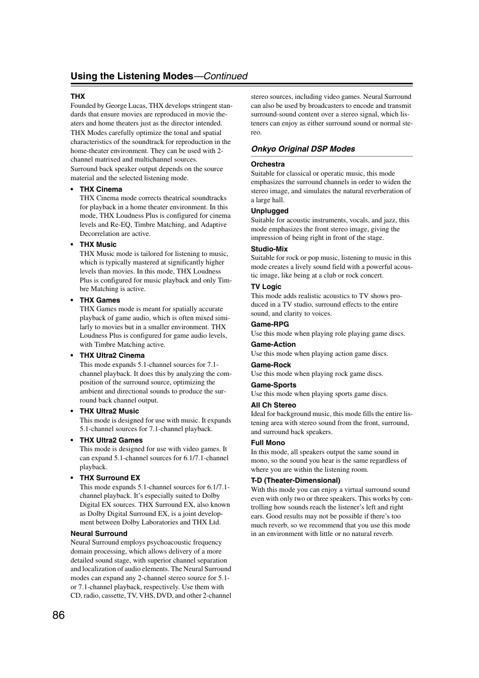 Using the listening modes —continued | Onkyo TX-NR1007 User Manual | Page 86 / 156