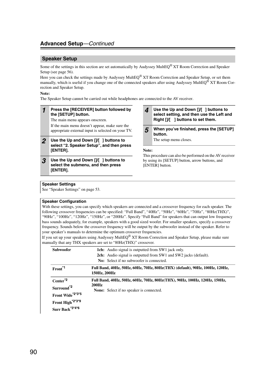 Speaker setup, Speaker configuration, E “speaker configu- ration | Advanced setup —continued | Onkyo TX-NR1007 User Manual | Page 90 / 156