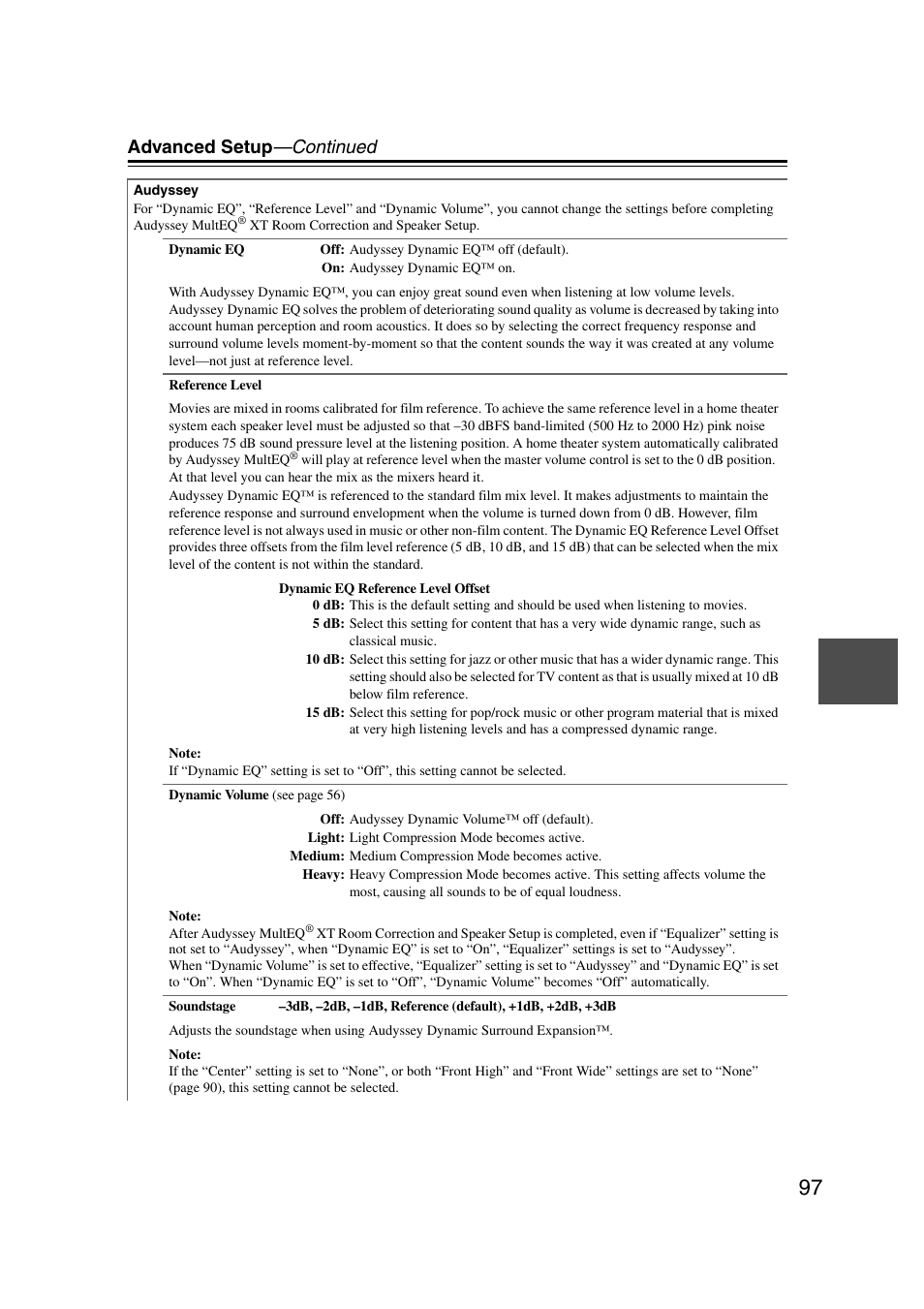 Dynamic eq (97), L (97, 113), Advanced setup —continued | Onkyo TX-NR1007 User Manual | Page 97 / 156