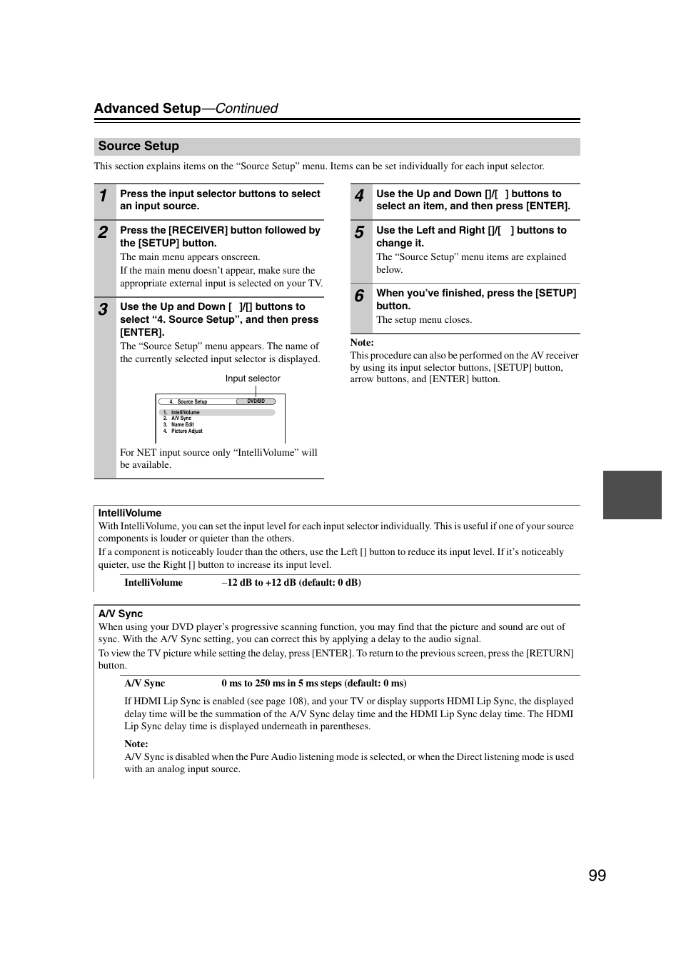 Source setup, Advanced setup —continued | Onkyo TX-NR1007 User Manual | Page 99 / 156