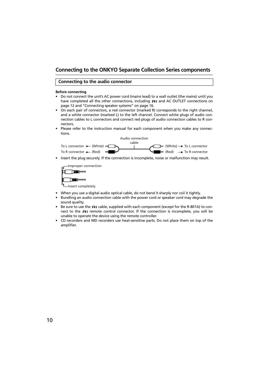 Connecting to the audio connector | Onkyo R-801A User Manual | Page 10 / 52