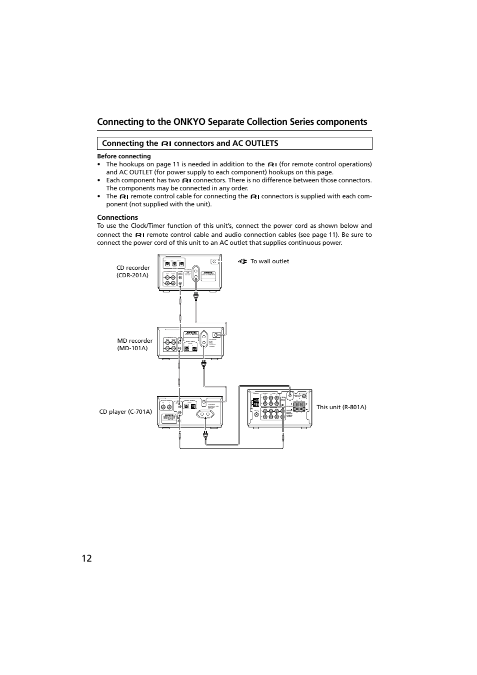 Connecting the connectors and ac outlets, Connections | Onkyo R-801A User Manual | Page 12 / 52