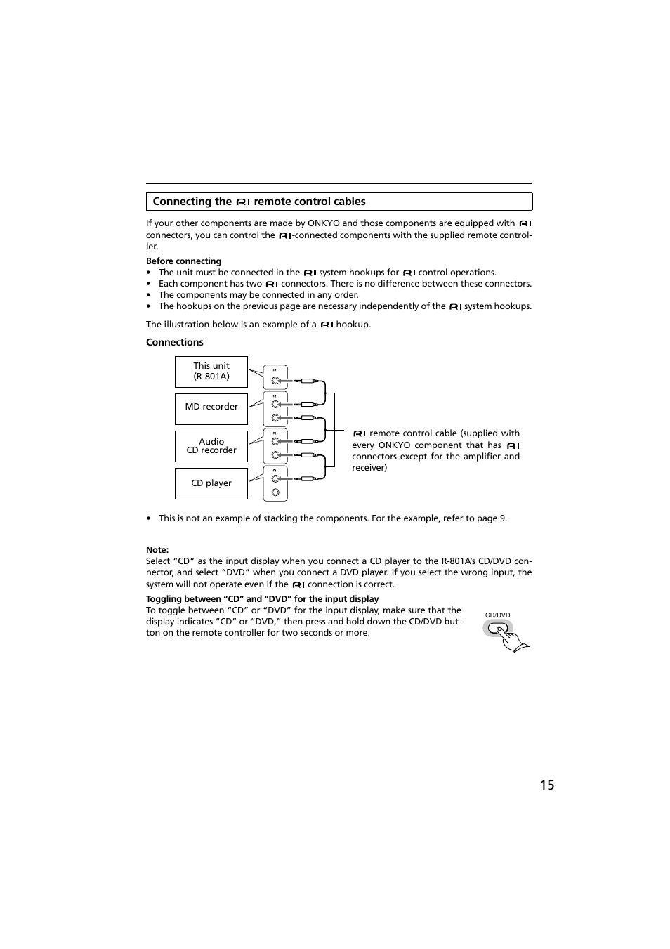 Connecting the remote control cables, Connections | Onkyo R-801A User Manual | Page 15 / 52