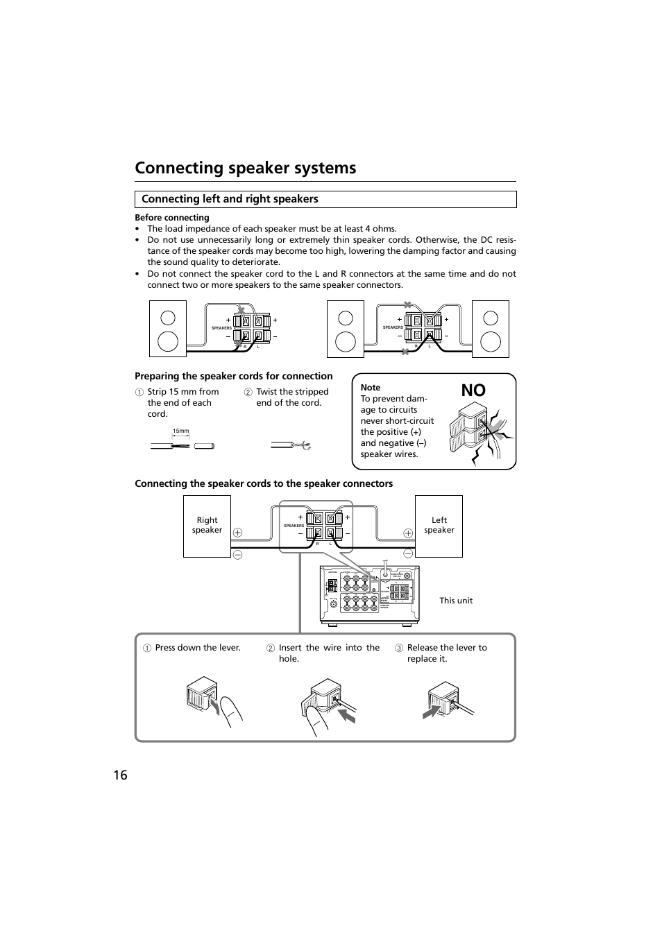 Connecting speaker systems, Connecting left and right speakers, Preparing the speaker cords for connection | 2 twist the stripped end of the cord | Onkyo R-801A User Manual | Page 16 / 52