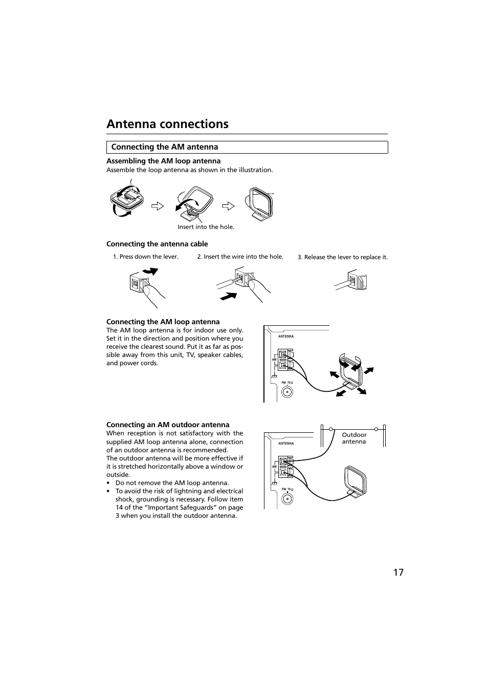 Antenna connections, Connecting the am antenna, Assembling the am loop antenna | Connecting the antenna cable, Connecting the am loop antenna, Connecting an am outdoor antenna | Onkyo R-801A User Manual | Page 17 / 52