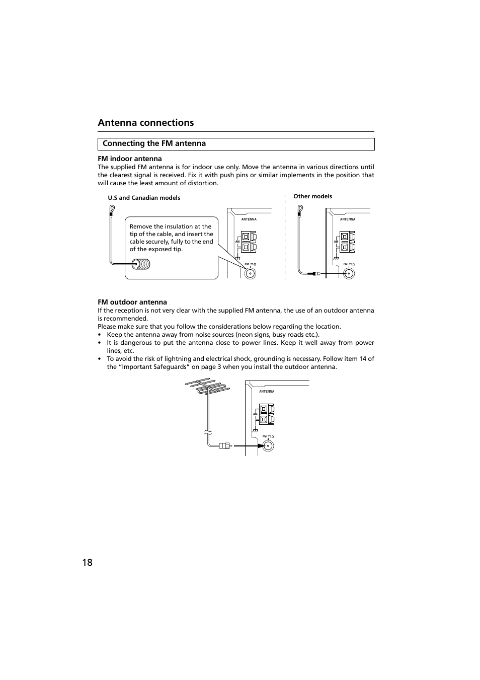 Connecting the fm antenna, Fm indoor antenna, Fm outdoor antenna | 18 antenna connections | Onkyo R-801A User Manual | Page 18 / 52
