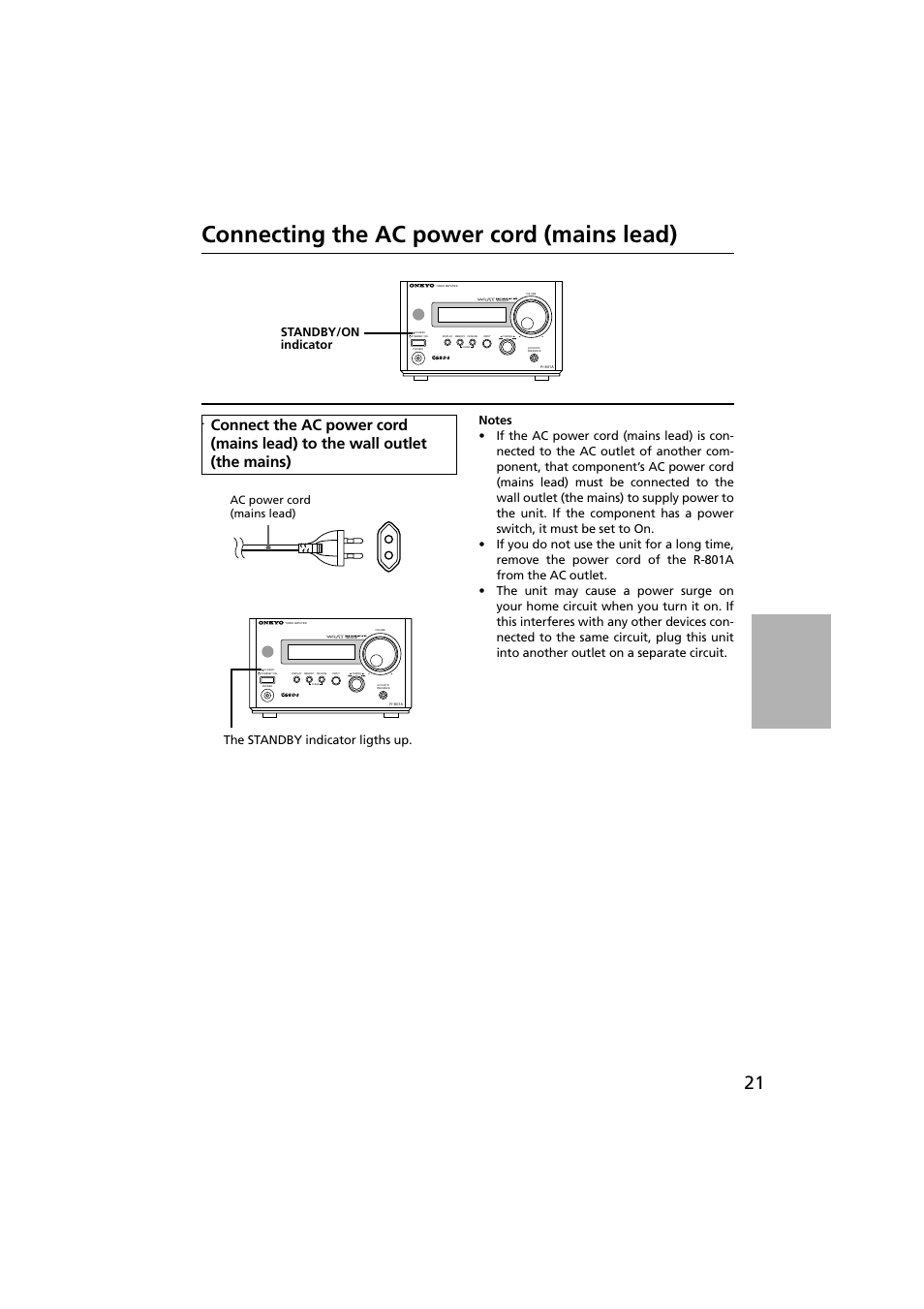 Connecting the ac power cord (mains lead), Standby/on indicator, Ac power cord (mains lead) | The standby indicator ligths up | Onkyo R-801A User Manual | Page 21 / 52