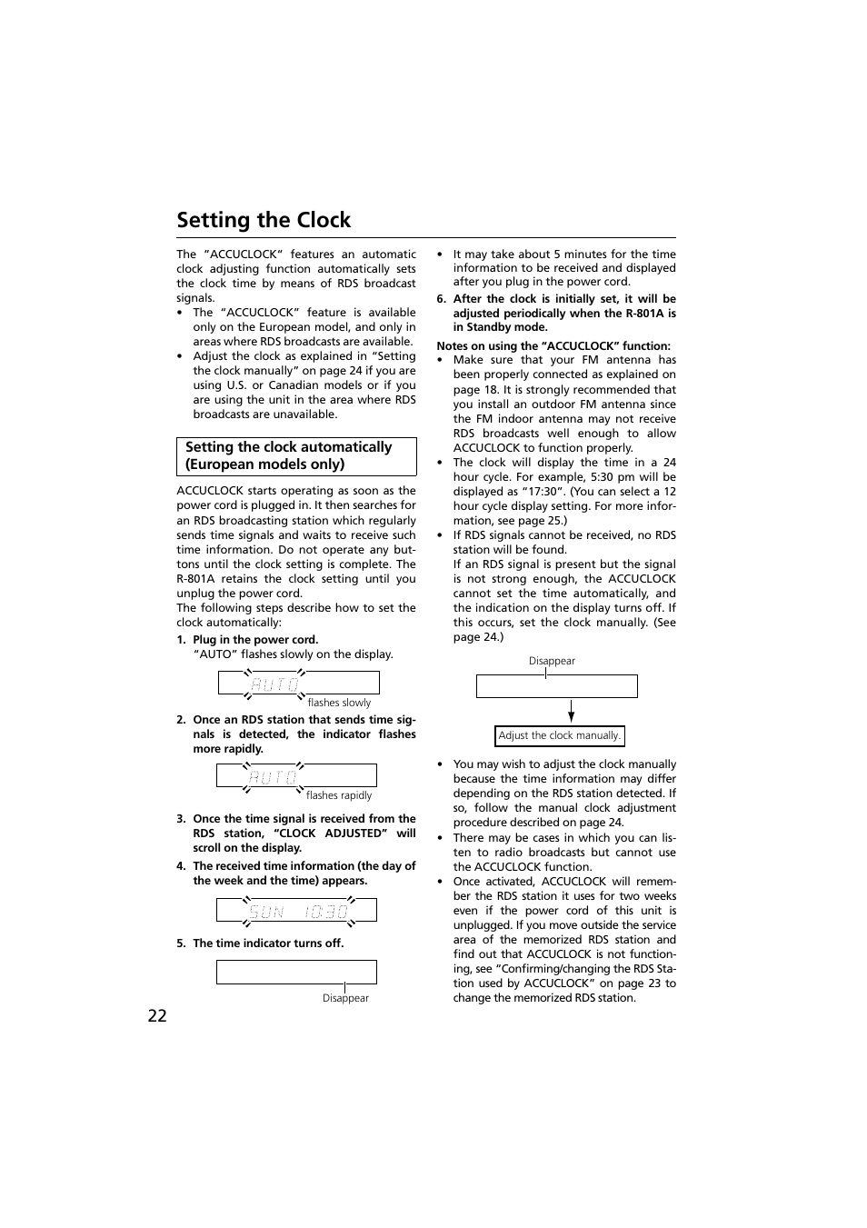 Setting the clock | Onkyo R-801A User Manual | Page 22 / 52