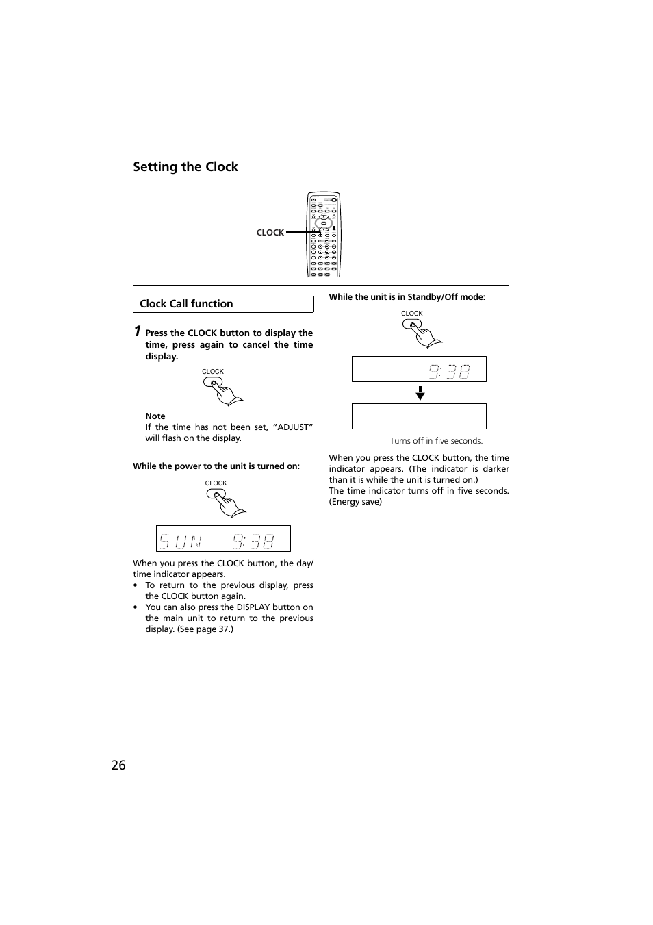 Clock call function, 26 setting the clock | Onkyo R-801A User Manual | Page 26 / 52