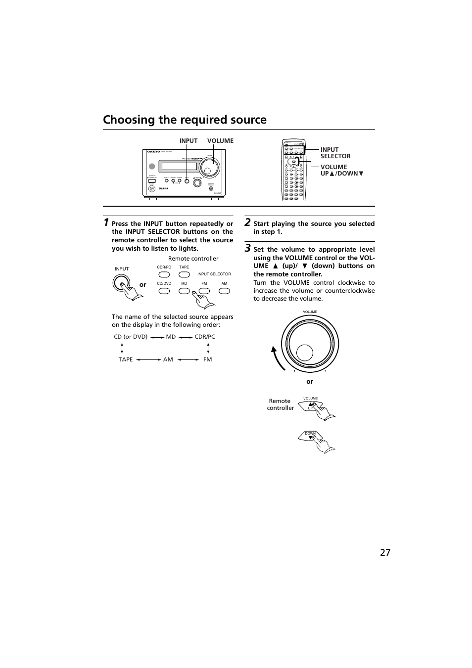 Choosing the required source, Up down | Onkyo R-801A User Manual | Page 27 / 52