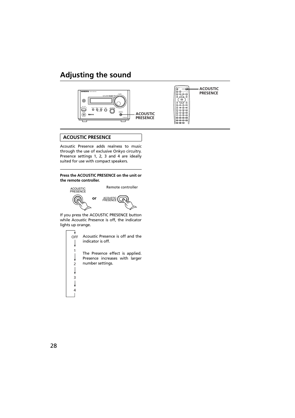 Adjusting the sound, Acoustic presence, Up down | Onkyo R-801A User Manual | Page 28 / 52