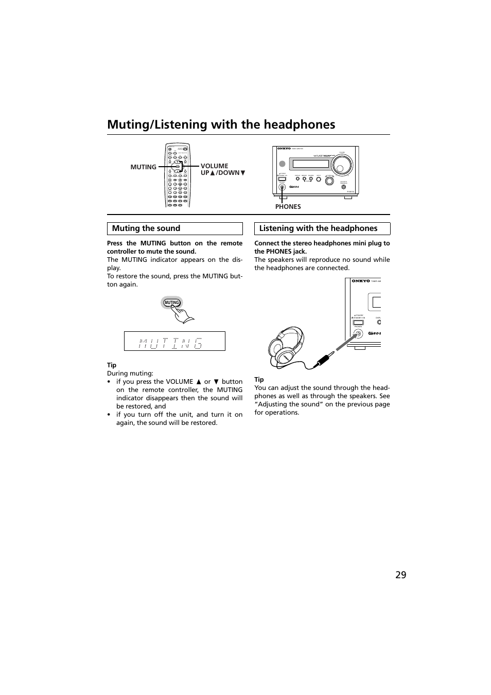 Muting/listening with the headphones, Muting the sound, Listening with the headphones | Up down | Onkyo R-801A User Manual | Page 29 / 52