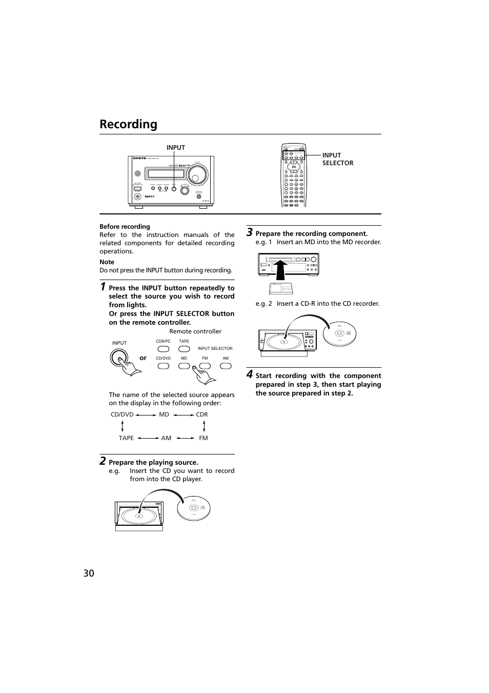 Recording, Before recording, Up down | Onkyo R-801A User Manual | Page 30 / 52