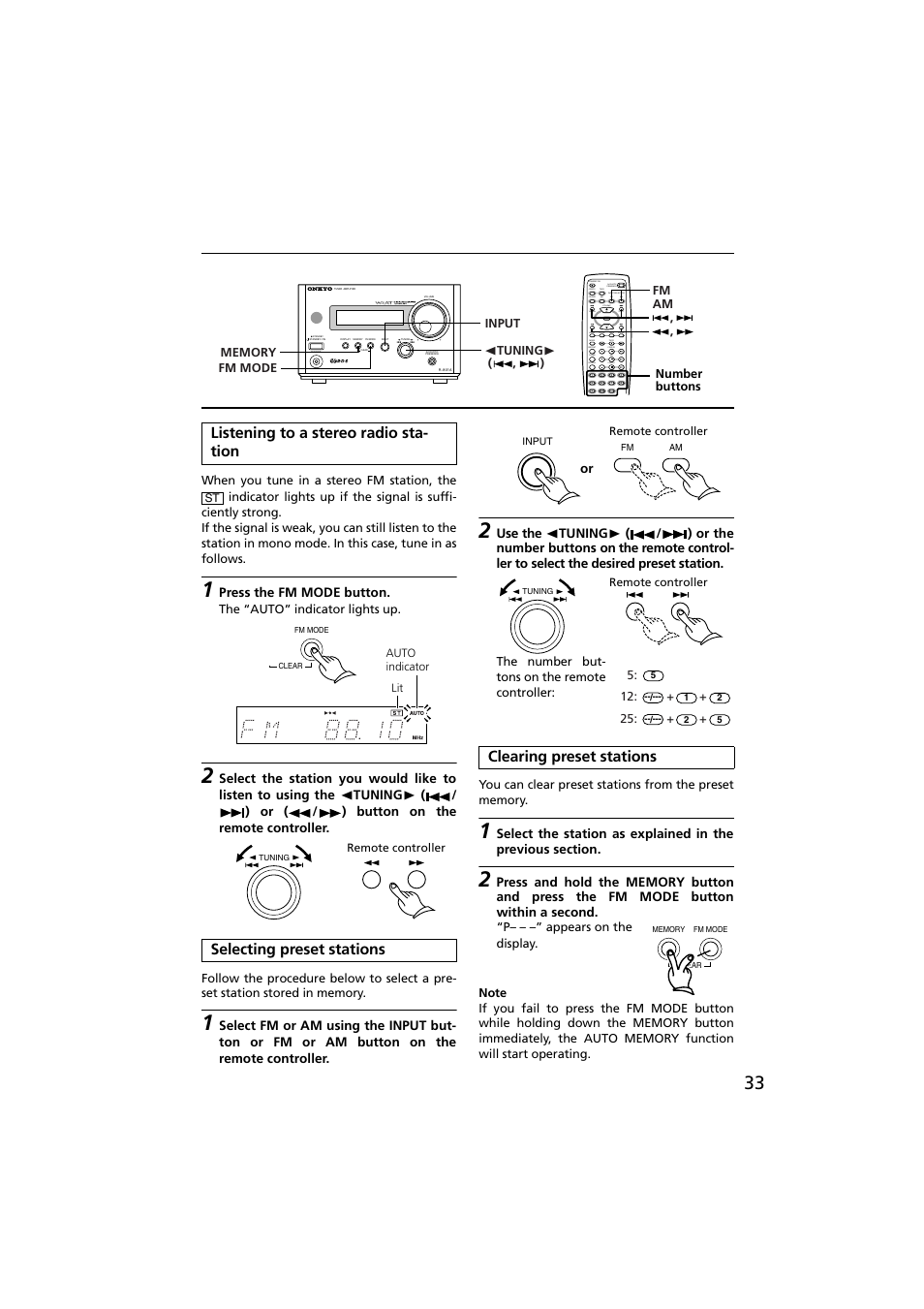 Listening to a stereo radio station, Selecting preset stations, Clearing preset stations | Onkyo R-801A User Manual | Page 33 / 52