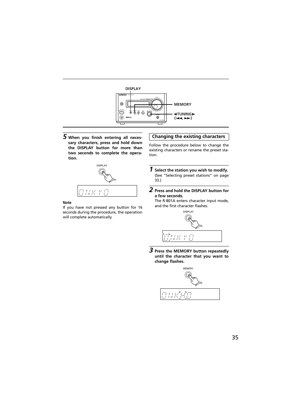 Changing the existing characters, Select the station you wish to modify | Onkyo R-801A User Manual | Page 35 / 52