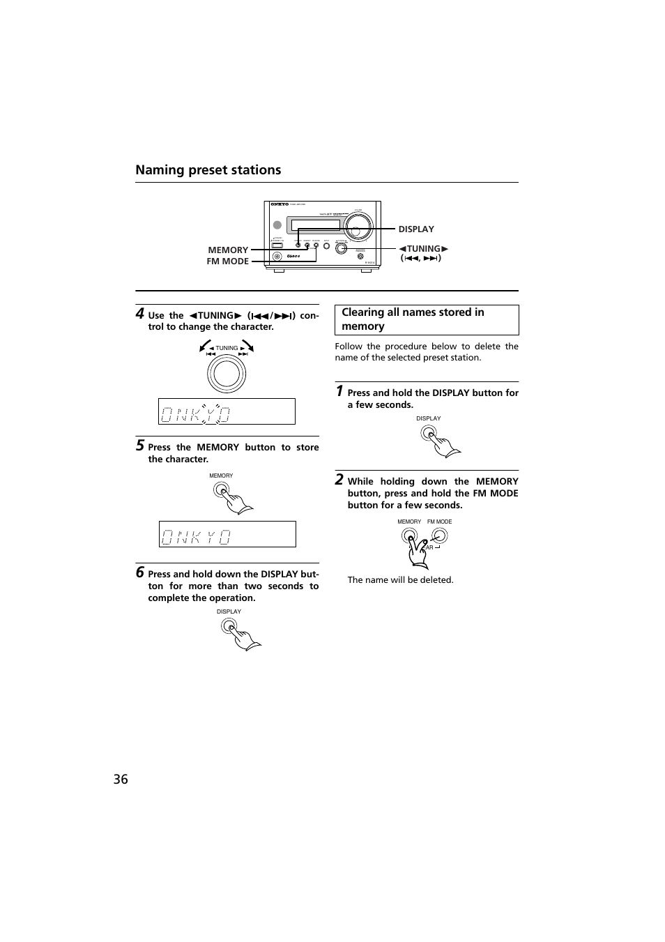 Clearing all names stored in memory, 36 naming preset stations | Onkyo R-801A User Manual | Page 36 / 52