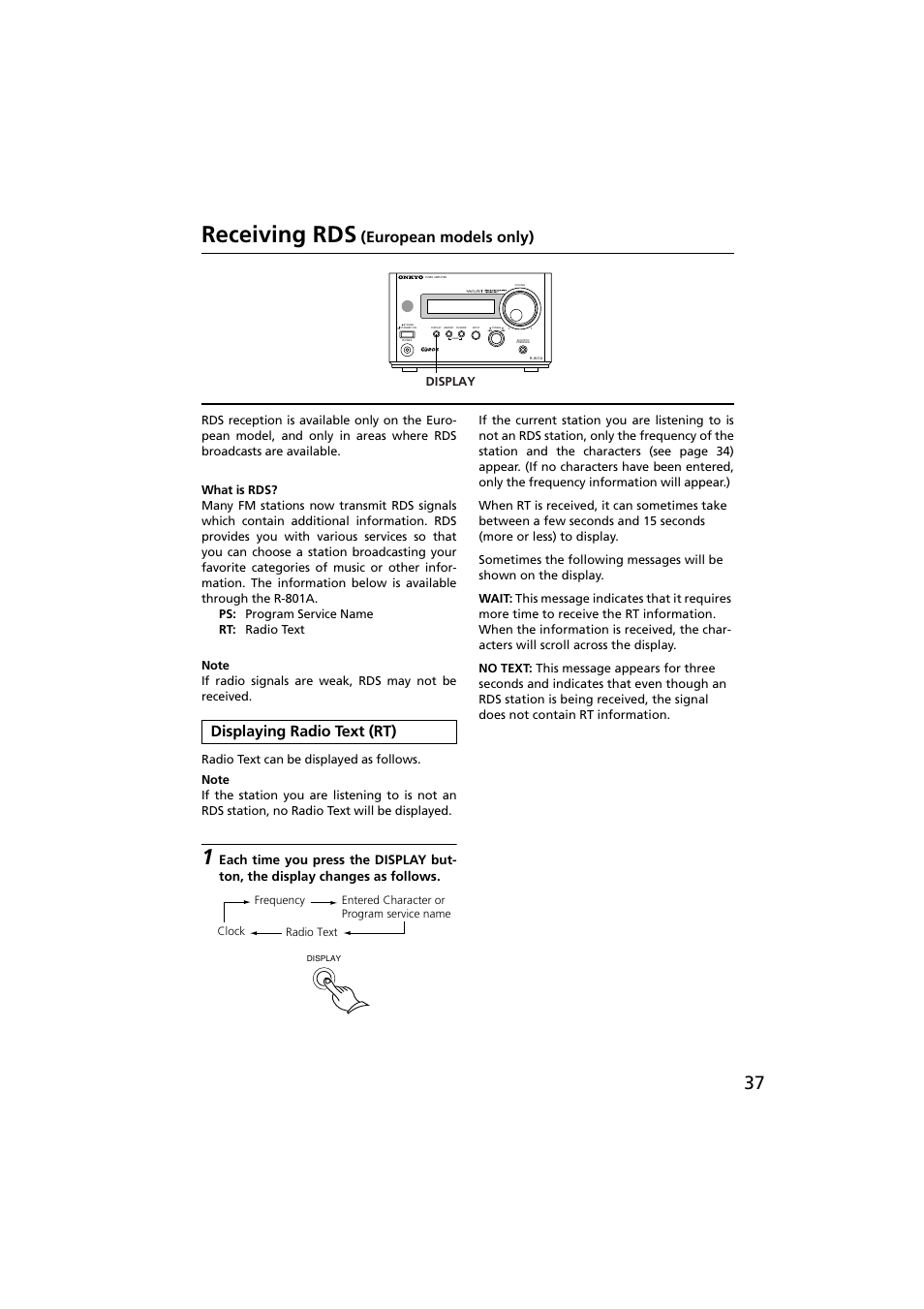 Receiving rds (european models only), What is rds, Displaying radio text (rt) | Receiving rds, European models only) | Onkyo R-801A User Manual | Page 37 / 52