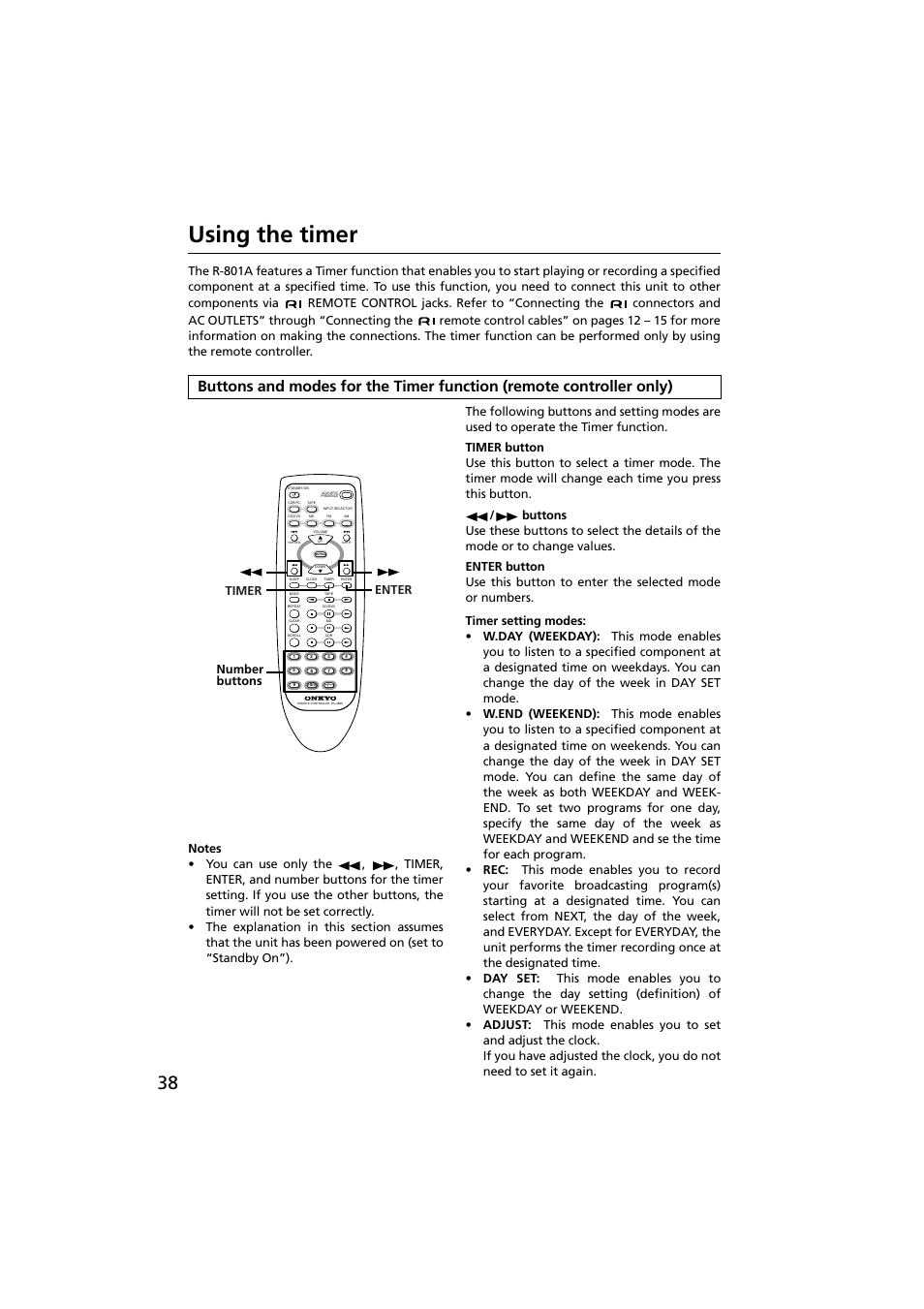 Using the timer, Timer setting modes, Timer enter number buttons | Onkyo R-801A User Manual | Page 38 / 52