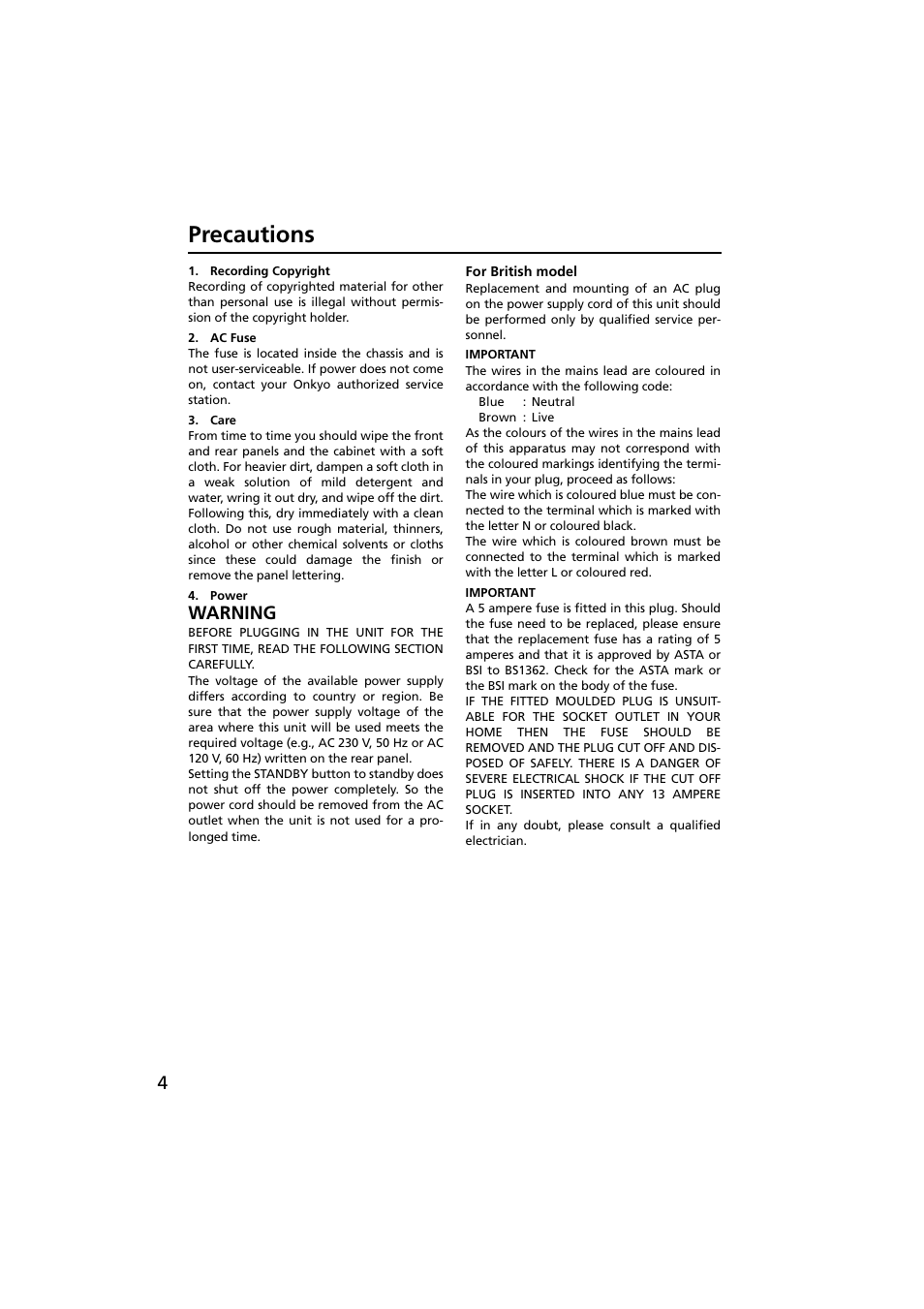 Precautions, For british model, Warning | Onkyo R-801A User Manual | Page 4 / 52