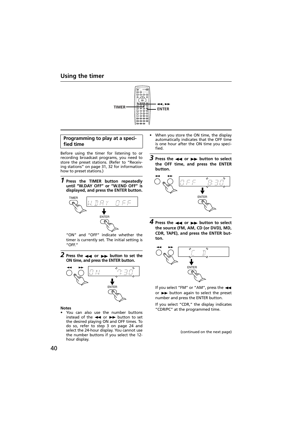 Programming to play at a specified time, 40 using the timer, Programming to play at a speci- fied time | Onkyo R-801A User Manual | Page 40 / 52
