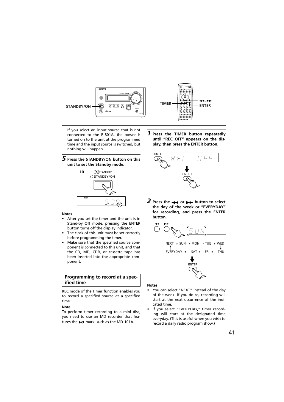 Programming to record at a specified time, Programming to record at a spec- ified time, Up down | Onkyo R-801A User Manual | Page 41 / 52