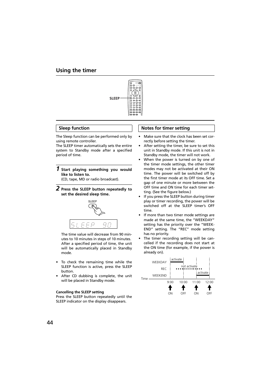 Sleep function, Cancelling the sleep setting, Notes for timer setting | 44 using the timer | Onkyo R-801A User Manual | Page 44 / 52