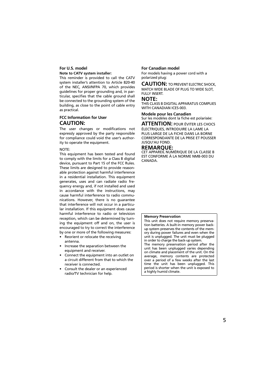 For u.s. model, Fcc information for user, For canadian model | Modele pour les canadien, Caution, Attention, Remarque | Onkyo R-801A User Manual | Page 5 / 52