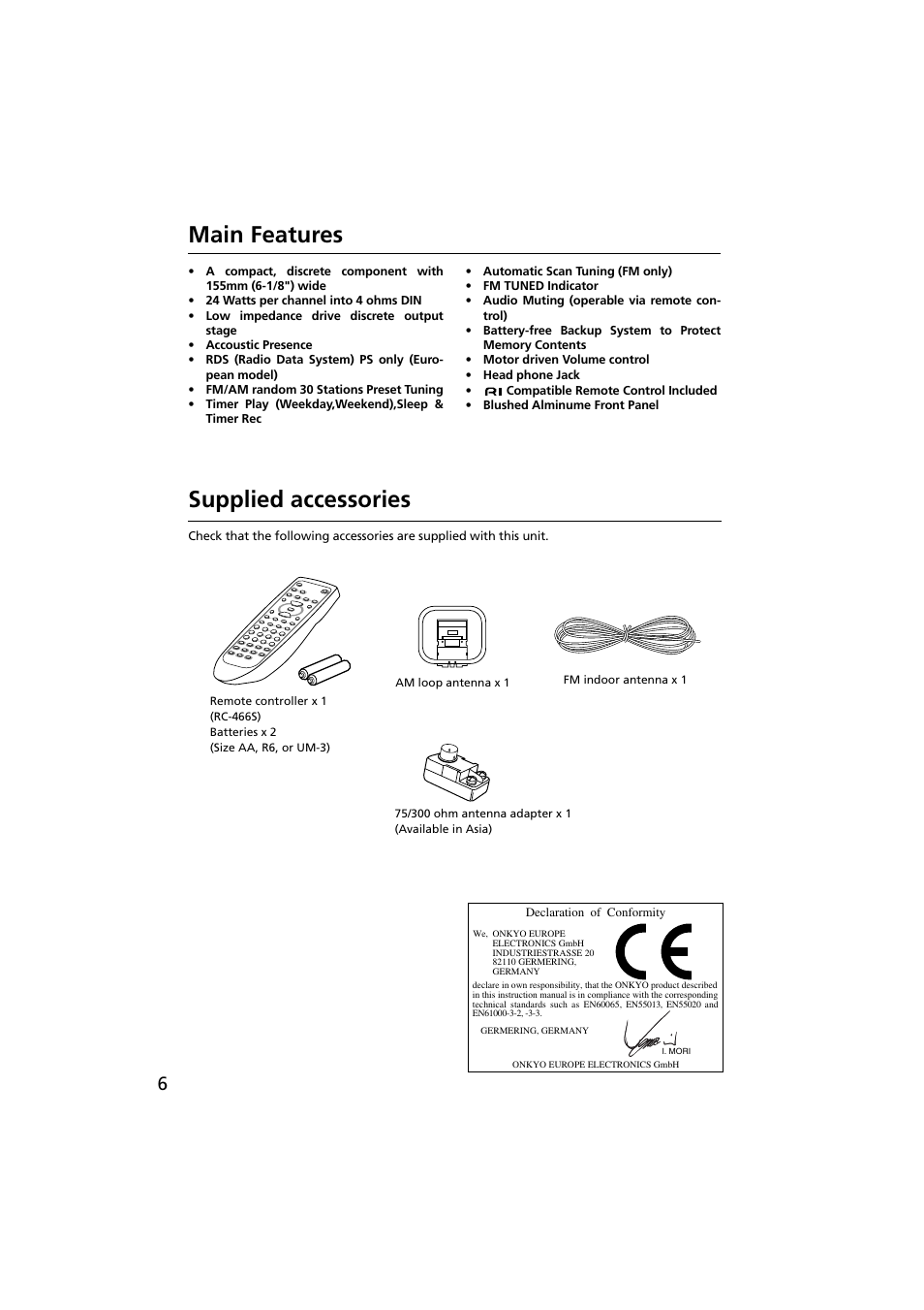 Supplied accessories, Main features | Onkyo R-801A User Manual | Page 6 / 52