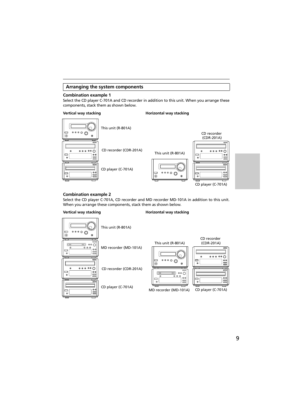 Arranging the system components, Combination example 1, Combination example 2 | Onkyo R-801A User Manual | Page 9 / 52