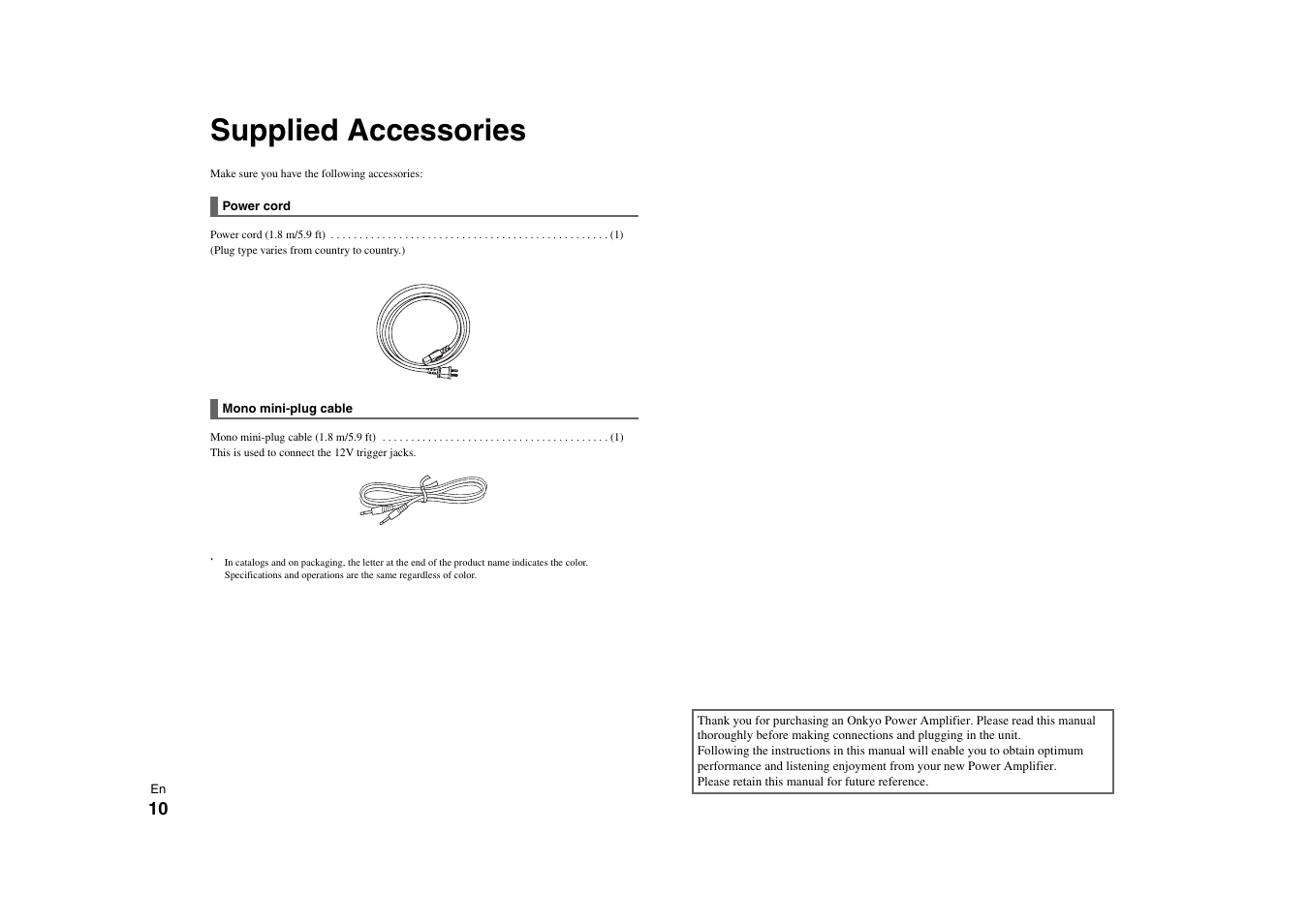 Supplied accessories | Onkyo Power Amplifier M-5000R User Manual | Page 10 / 24