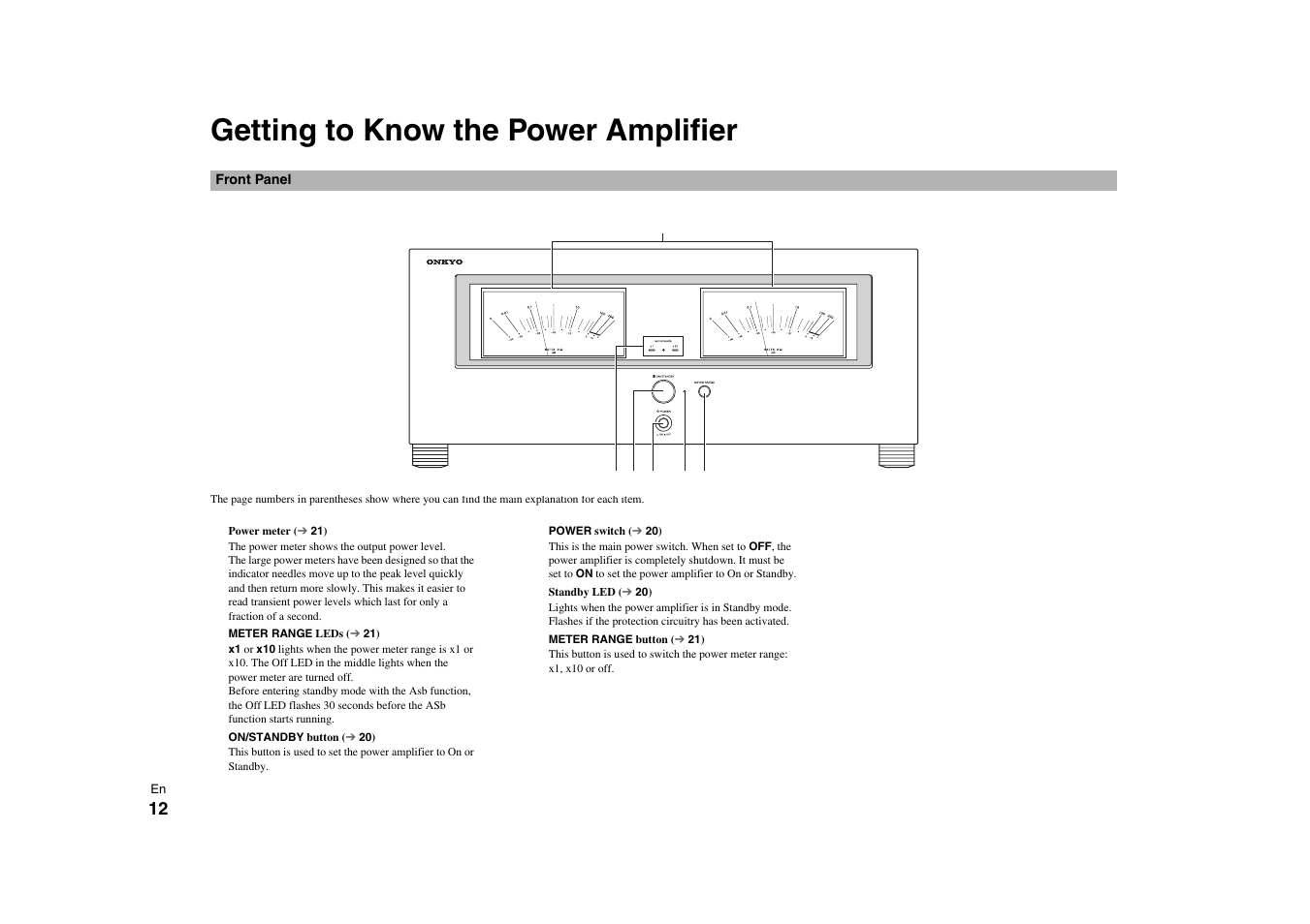 Getting to know the power amplifier, Front panel | Onkyo Power Amplifier M-5000R User Manual | Page 12 / 24
