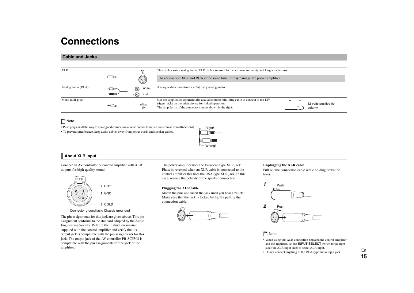 Connections, Cable and jacks, Connections” for c | Onkyo Power Amplifier M-5000R User Manual | Page 15 / 24