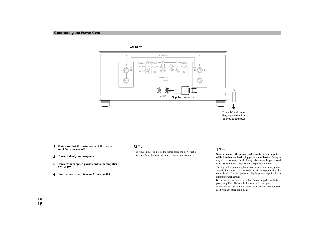 Connecting the power cord | Onkyo Power Amplifier M-5000R User Manual | Page 16 / 24